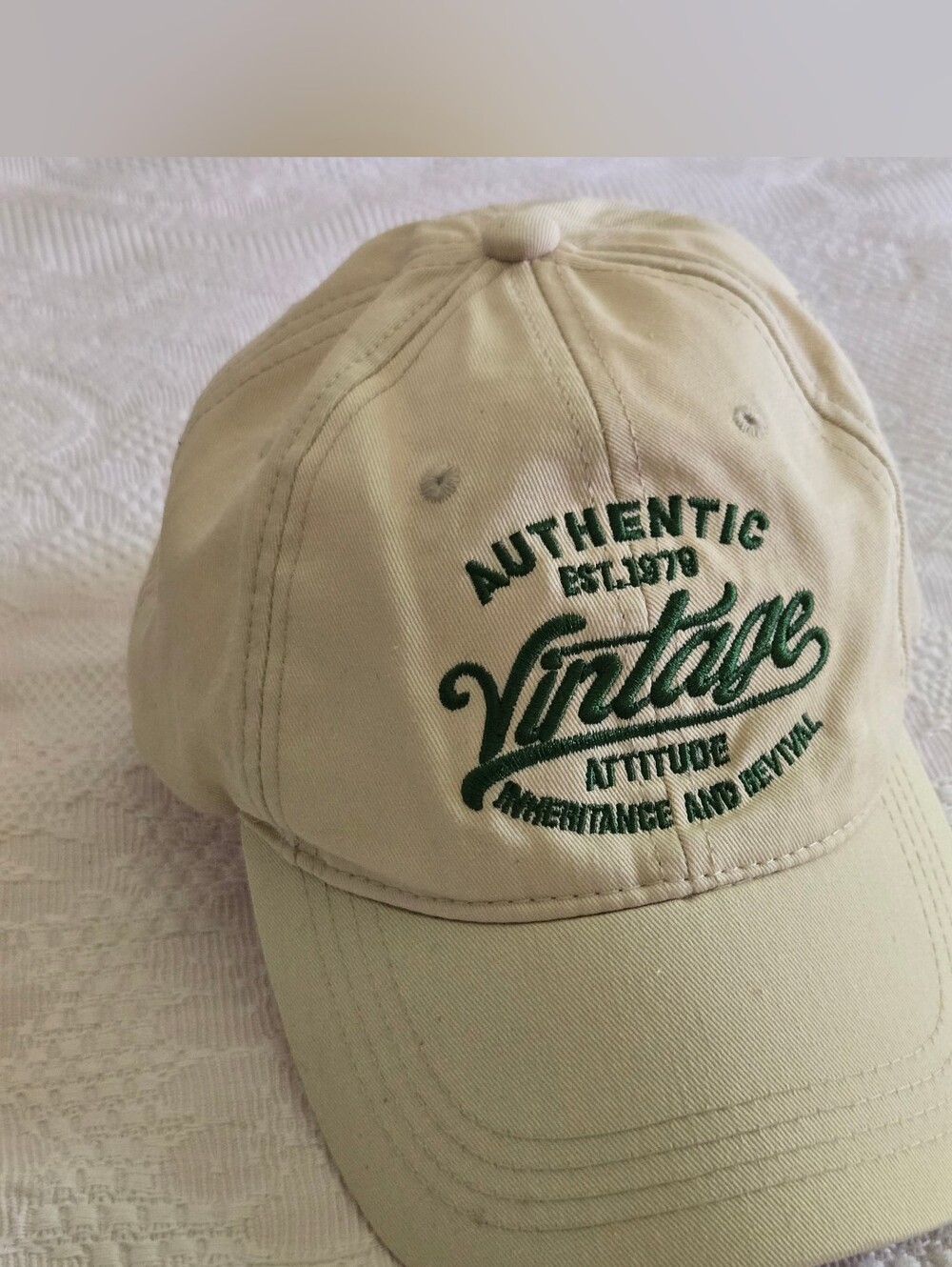 Cream Baseball Cap with Green 'Vintage' Retro Embroidery Summer
